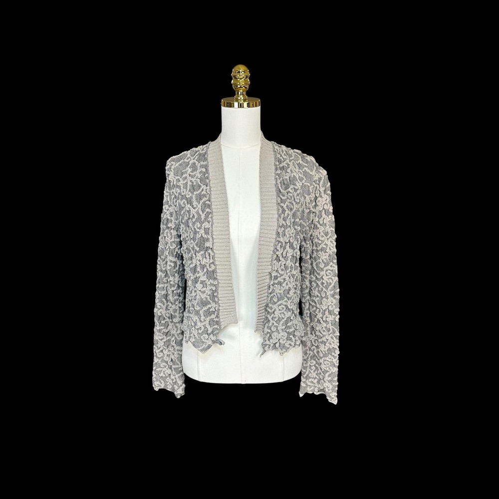 She's So Grey Popcorn Knit Open Front Cardigan Scroll Pattern SZ 48 Luxury Italy